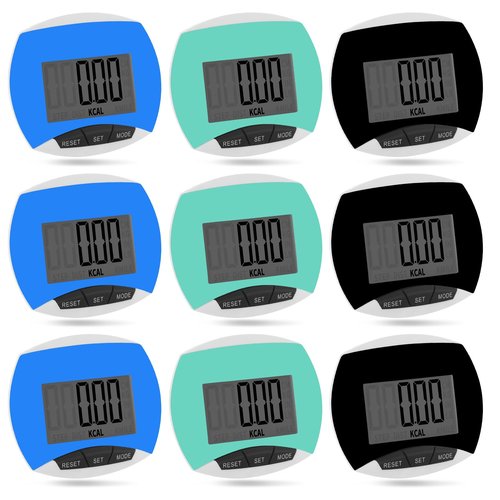 Copkim 9 Pcs Simple Pedometers Bulk for Walking Steps and Miles Walking Step Counters with Calories Burned Portable Clip Step Tracker for Seniors Man Women Jogging Hiking Running (Black, Green, Blue)