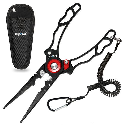 AlpCraft Fishing Pliers, Muti-Function Saltwater Split Ring Pliers Hook Remover, Rust-Proof Fly Fishing Accessories with Braid Line Cutter Sheath Lanyard, Ice Fishing Gear Stuff Gifts for Men (Black)