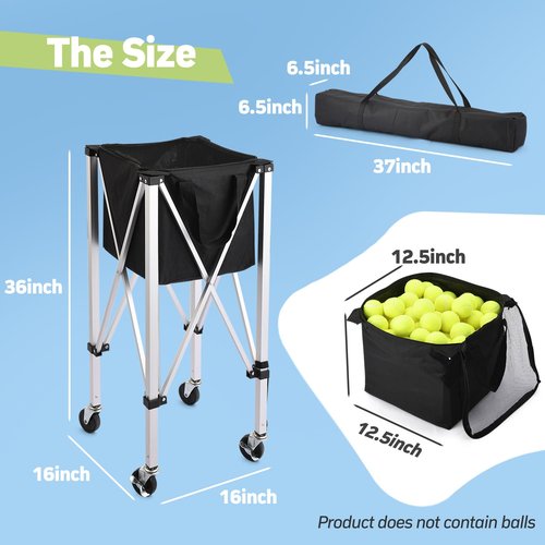 YooKoo Tennis Ball Hopper for 150 Balls, Tennis Ball Basket for Serve Training, Foldable Tennis Ball Cart with Storage Bag, Portable Pickleball Baseball Hopper Basket