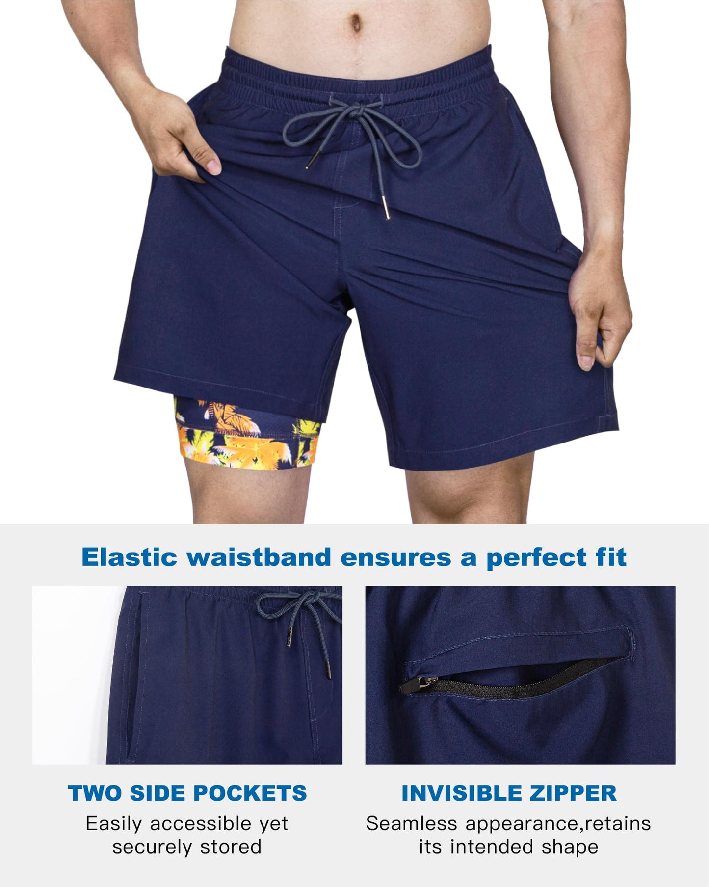 SURF CUZ Mens Swim Trunks with Compression Liner Quick Dry Swim Shorts 7" Swimming Trunks Stretch Bathing Suit 7 Inch,03 Navy,XS