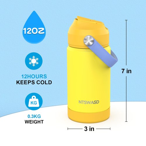 Ntswasd Toddler Insulated Water Bottle with Straw,12 oz Kids Cups with Stainless Steel Leak Proof for School Daycare(Yellow)