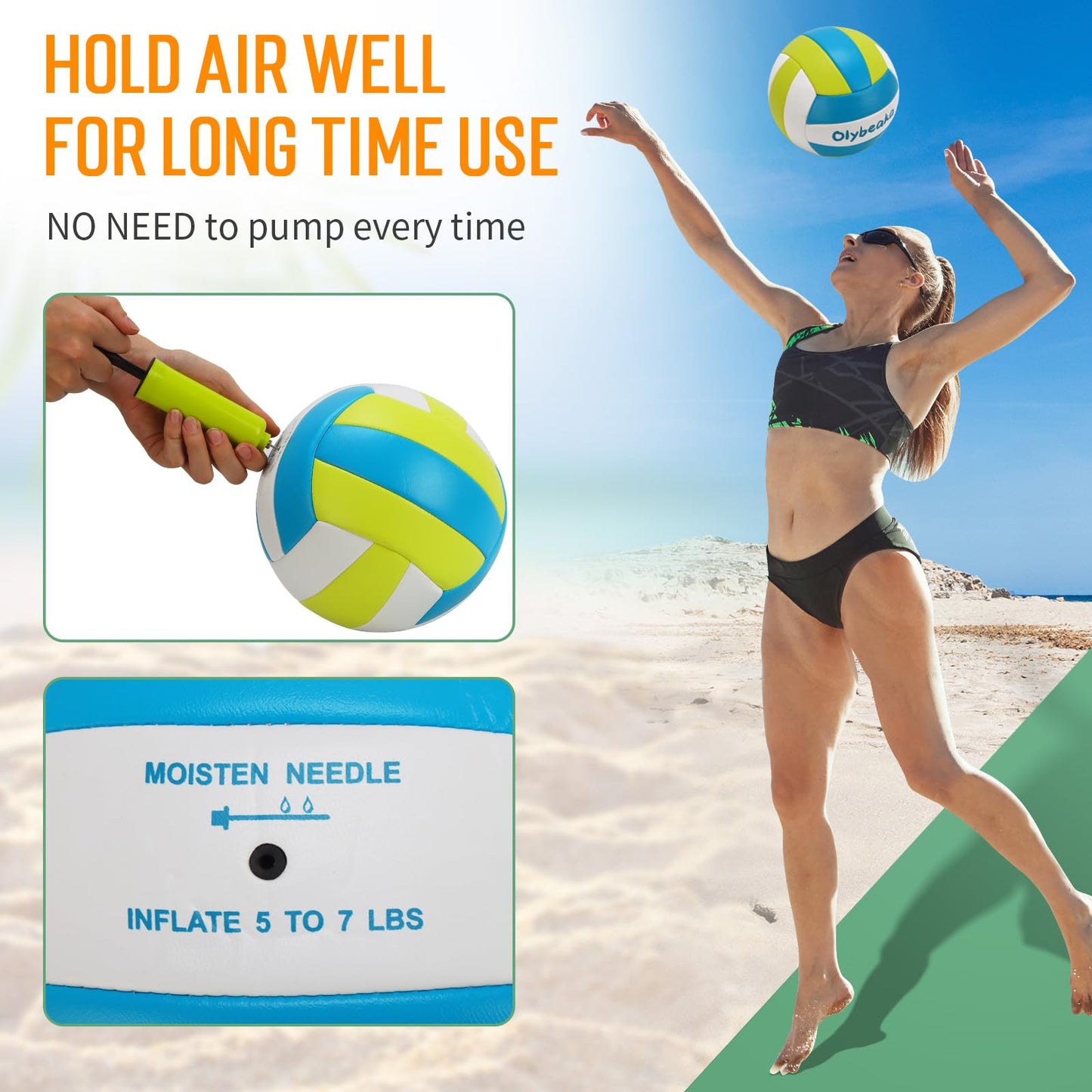 Olybeaka Official Size 5 PU Volleyball with Soft Touch for Indoor Outdoor, Waterproof & Durable Volleyball for Beach Park Games Gym Practice with Pump and Heavy Duty Mesh Bag