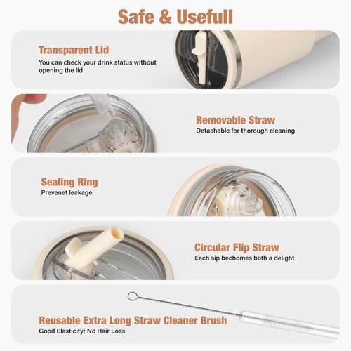 40oz Flip Straw Lid Replacement for Stanley Quencher H2.0 Tumbler, 2 Cream Leak Proof Flip Lid & 4 Tritan Straws & 2 Straw Brush