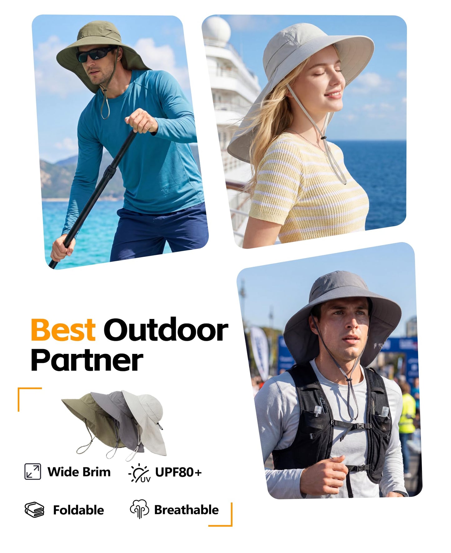 Home Prefer UPF 80+ Sun Hat for Men Women Wide Brim Sun Hat with Neck Flap Summer Safari UV Protection Gardening Fishing Hat Khaki