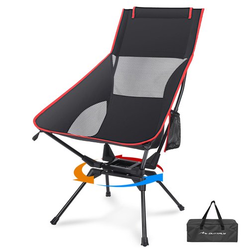 OUTTPLY Swivel Camping Chair, High Back Folding Chair with Head Support, Side Cup Pocket, Stable Portable Outdoor Chair for Camp, Travel, Beach, Party, Fishing, Hiking, Backpacking, Black Red