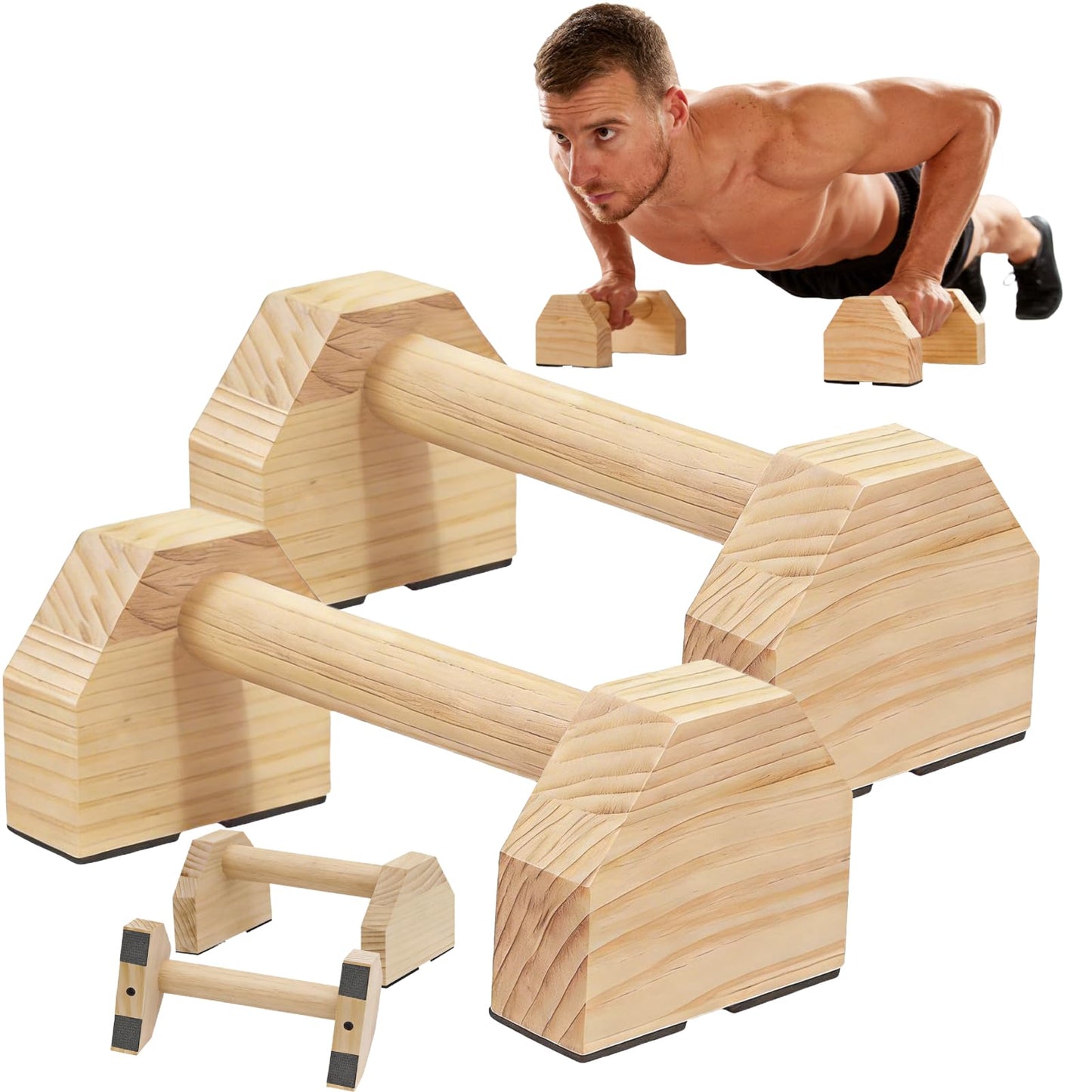 Push Up Bars Wooden Parallettes for Calisthenics Equipment, 600lbs Capacity Non-Slip Pushup Stands for Floor, Strength Training Handstand Blocks for Home Gym, Solid Wood Parallettes Bars