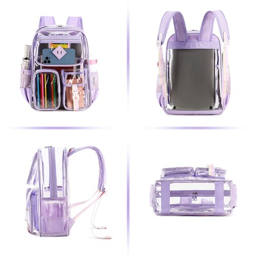 PIG PIG GIRL Clear Backpack for School,Heavy Duty PVC Transparent Bookbag for Girls Stadium Approved See Through Backpack for Women for College Work Travel Festival,Purple