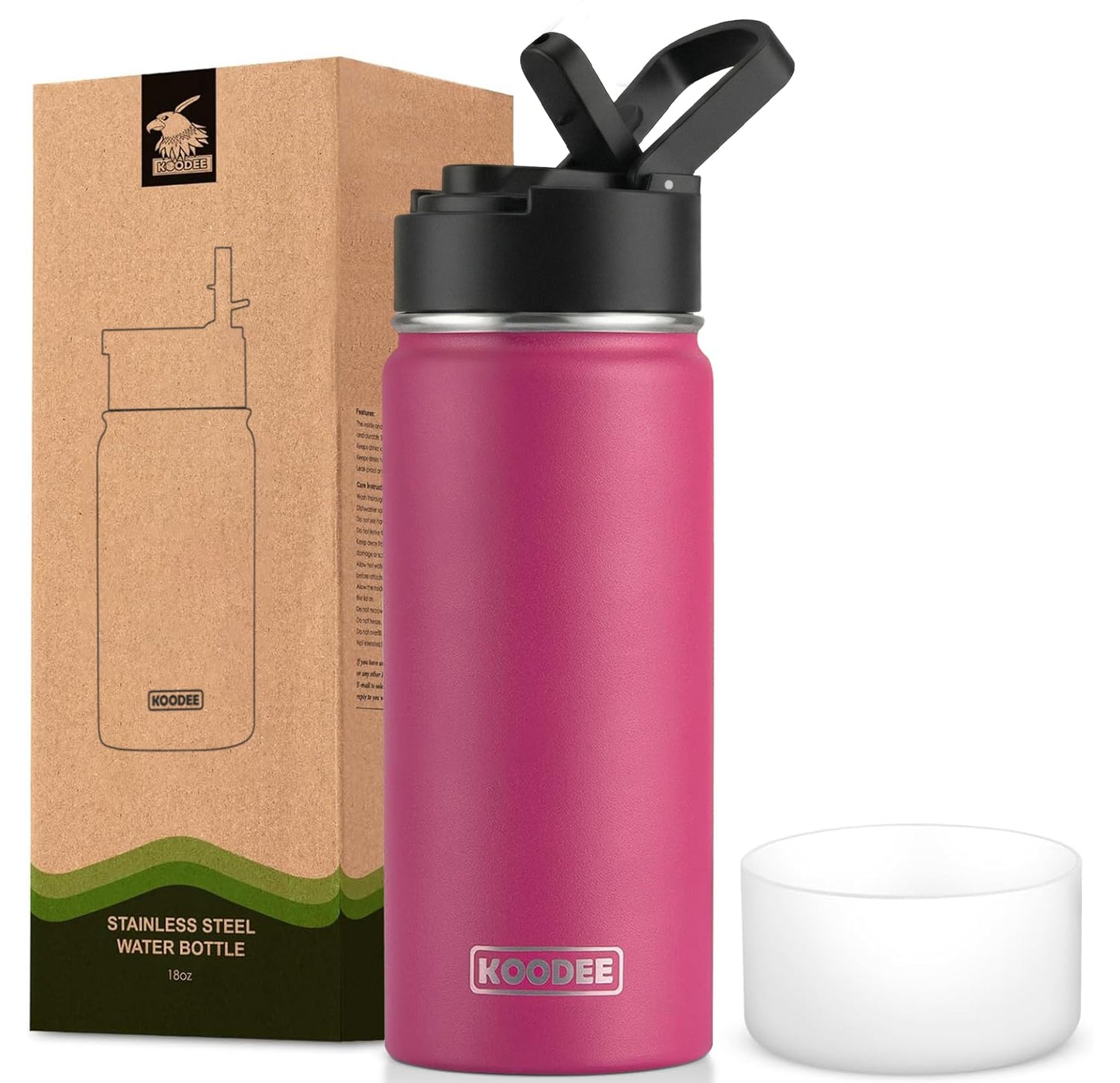 koodee Insulated Water Bottle -18 oz Stainless Steel Vacuum Water Bottle with Straw Lid-Wide Mouth Sports Flask BPA Free (Rose Red)