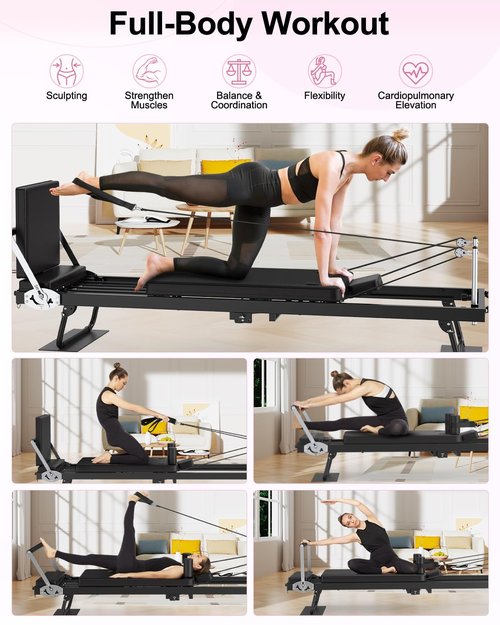 Foldable Pilates Reformer, 91“ Long Pilates Machine for Home Use, Adjustable Resistance Up to 182LBS, Jumpboard Included, Up to 400lbs Weight Capacity, Compact Workout Equipment for Full-Body Training