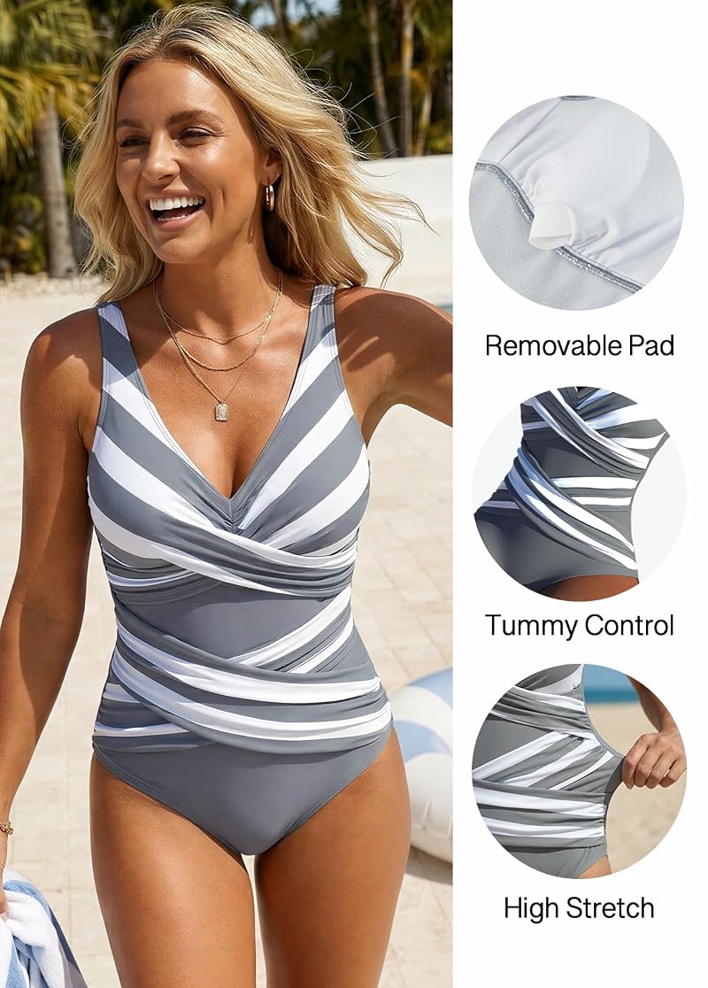 Rosewe Women’s Tummy Control One-Piece Swimsuit with Criss Cross, Grey, Large