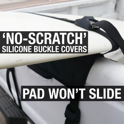 Surfboard Truck Rack - Durable Pad Fits All Tailgates - ‘No Scratch’ Silicone Buckle Covers Prevent Damage - Easy to Use