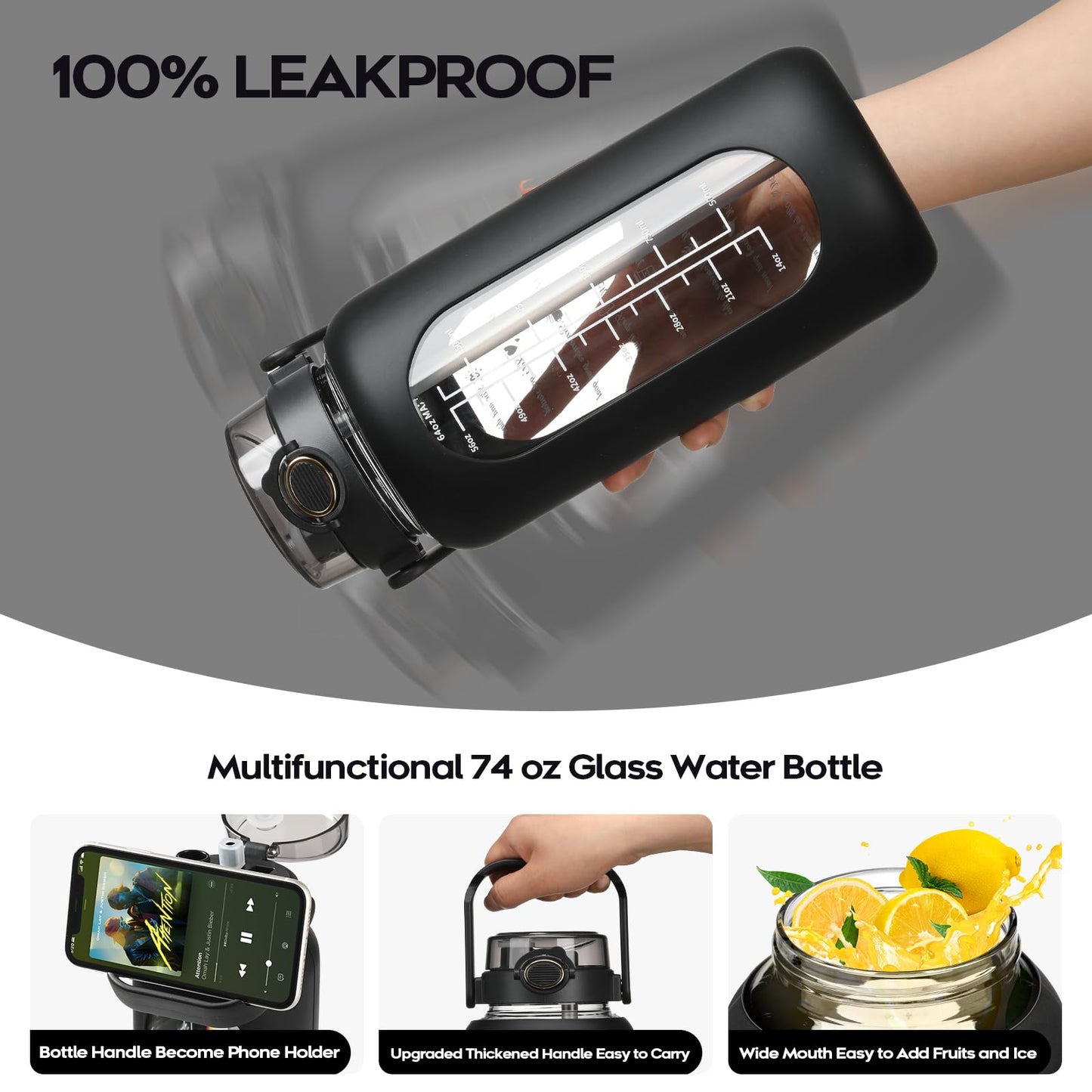 chunmo 74 oz Glass Water Bolttles with Straw Large Motivational Water Bottle with Time Marker Sports Water Bottles with Silicone Sleeve and Handle Lid 2.2L Water Jug for Gym Workout