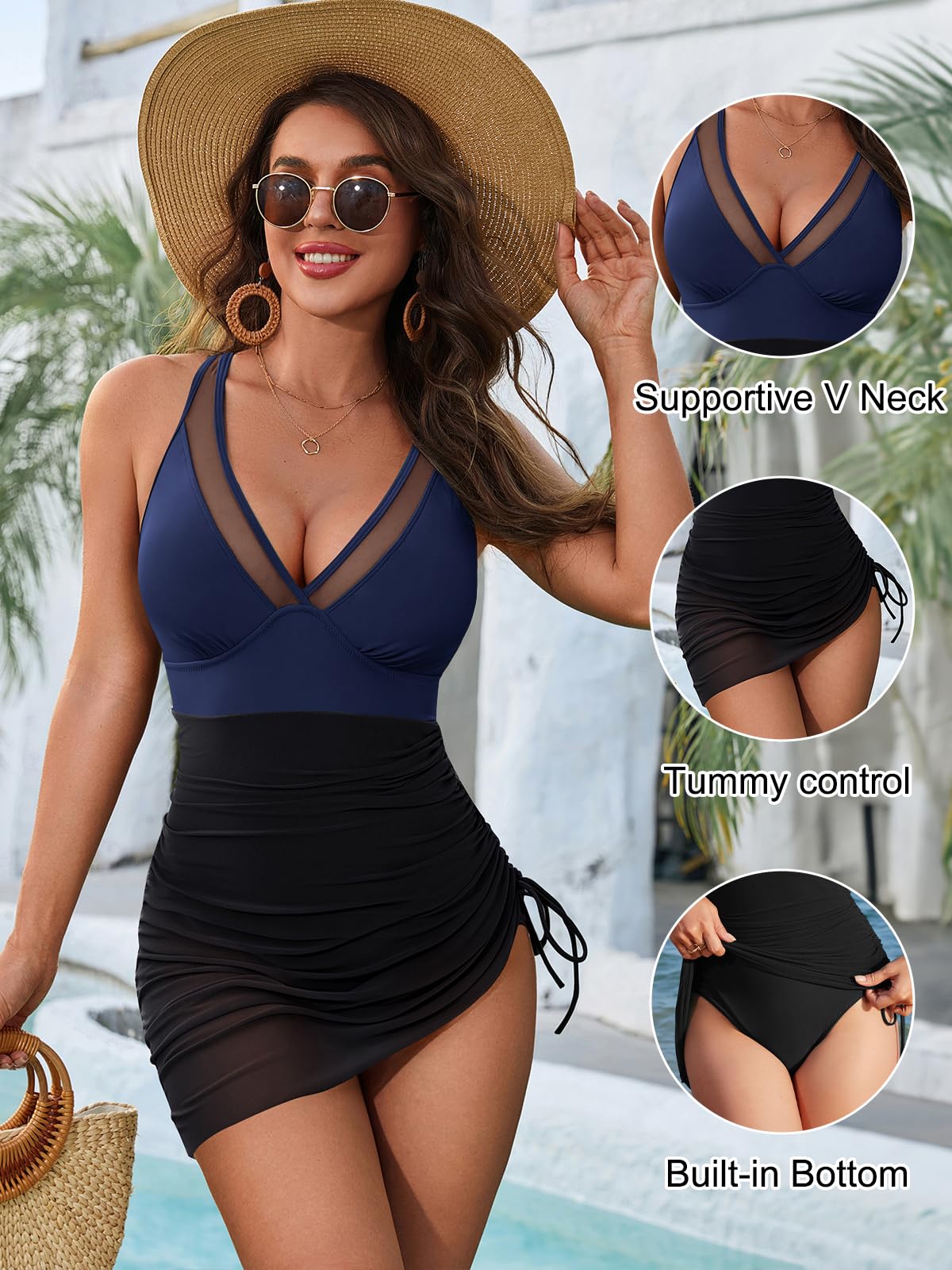 Blooming Jelly Women One Piece Swim Dress Tummy Control Swimsuits Slimming Modest Mesh Sheer Bathing Suit V Neck Swimdress Swim Suits 2025 (M, Blue/Black)