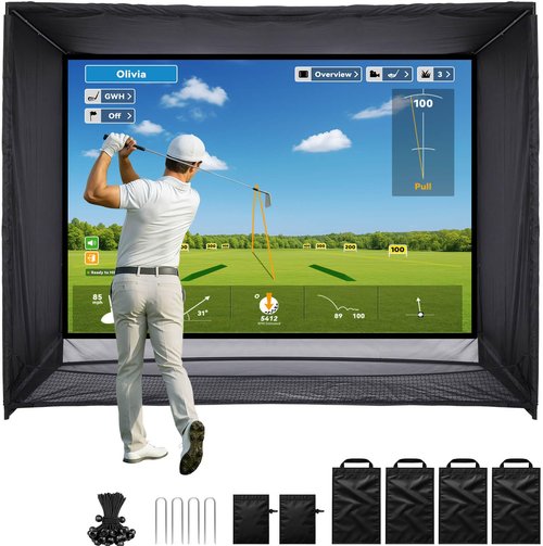 ZEALFEEL Golf Simulator Enclosure, 10x8FT Golf Net with HD Impact Screen & Side Barriers – Dual-Layer Impact Screen, Foam-Padded Frame, Indoor Cage Net for Home Garage Studio