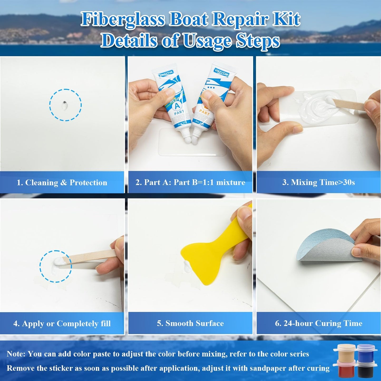 VIKEYTIM Marine Fiberglass Repair Kit (Color Match), 3.5oz/100g Gel Coat Repair Kit for Boats, Fiberglass Repair Fix Holes, Chips, Deep Cracks, Ceramic, Porcelain Fiberglass Filler