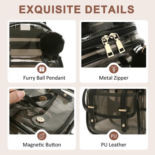 QIXIHU Clear Backpack for Stadium Events, 12x 12x 6 Small Transparent Backpack PVC Mini See Through Bag for Women Girls for Concert Festival, Semi-Black