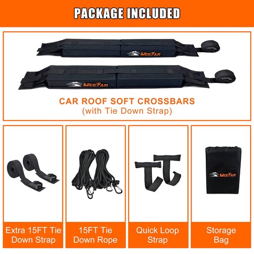 MeeFar Universal Car Soft Roof Rack Pads Luggage Carrier System for Kayak Surfboard SUP Canoe Include 2 Heavy Duty Tie Down Straps, 2 Tie Down Rope, 2 Quick Loop Strap and Storage Bag