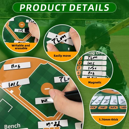 QCBF Magnetic Baseball Lineup Board，Baseball Lineup Cards Baseball Lineup Board for Dugout Baseball Accessories 40 Sheets Lineup Cards Baseball Clipboard