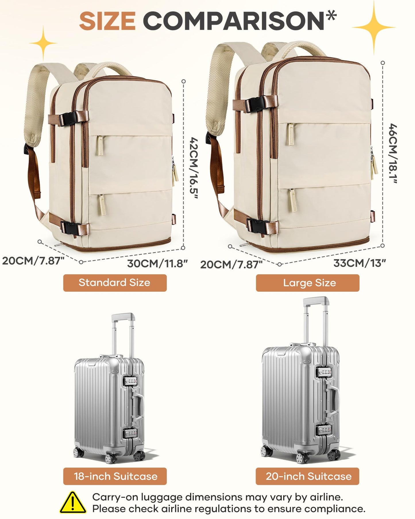 coofay Large Travel Backpack Carry on Flight Approved Mochila De Viaje Personal Item Travel Bag Backpacks for Men Women Carry on Backpack for Airplanes 18x14x8 Inches Travel Bag Beige with Brown