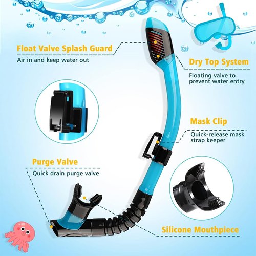 HIKOTEY Snorkeling Set for Kids, Full Dry Snorkeling Mask Set for Adults, Anti-Fog Protection, Unisex,HD Panoramic View, Snorkeling Gear for Kids 4-14 Age (Blue+Black)
