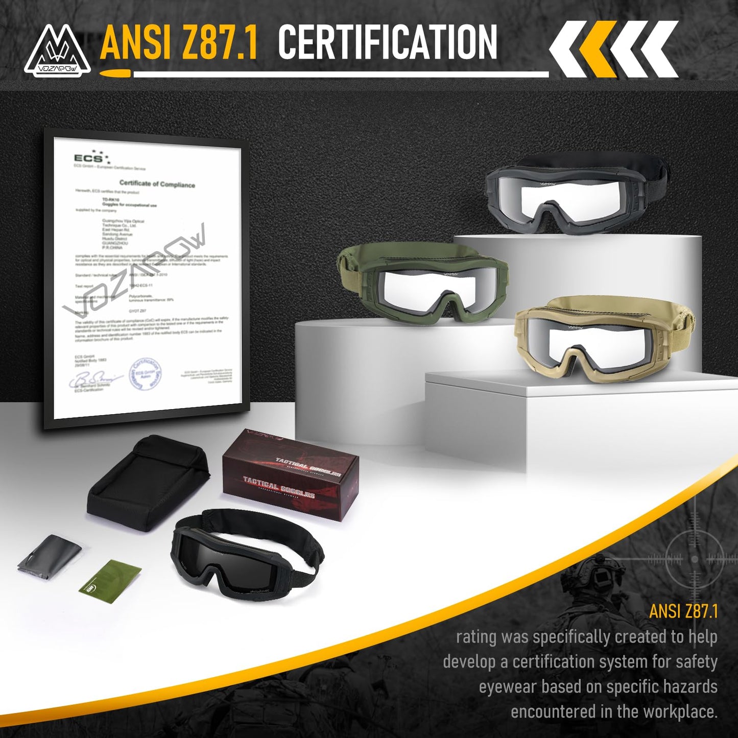 VOZAPOW Airsoft Goggles Anti Fog, Tactical Safety Goggles ANSI Z87+ Rating