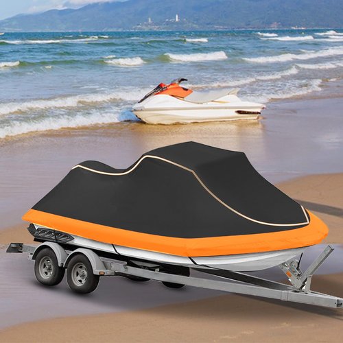 CoukouCover Jet Ski Cover, Heavy Duty Waterproof Jetski Covers, 3 Seater PWC Cover with Reflective Strips and Vents for Seadoo Yamaha Kawasaki Polaris, Fits Lengths from 126-135” (Black&Orange)