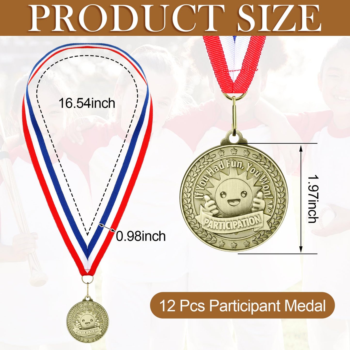 Loetere 12 Pcs Participant Award Medal with Neck Ribbon 2 Inches Metal Participation Medals Trophy for Adults Sports Competition Tournaments Event Team Prize Party Favors Decor(Classic)