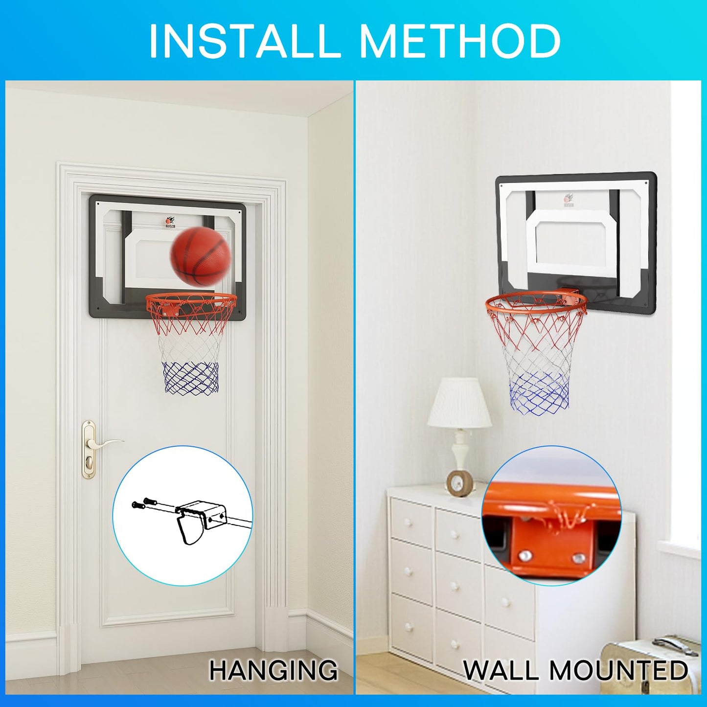 CYFIE Large Wall Mount Basketball Hoop Set with Door Hooks, 32" x 23" Backboard, Spring Rim, Indoor Outdoor Basketball Practice Equipment for Adults