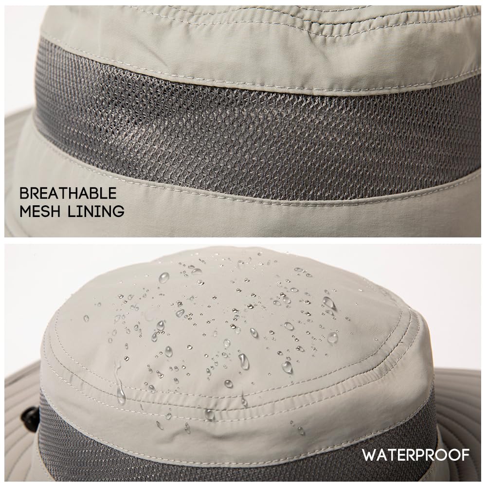 Summer Mesh Bucket Sun Hats for Men Big Head Wide Brim Boonie Safari Waterproof Beach UPF50+ Fishing Hiking Light Grey