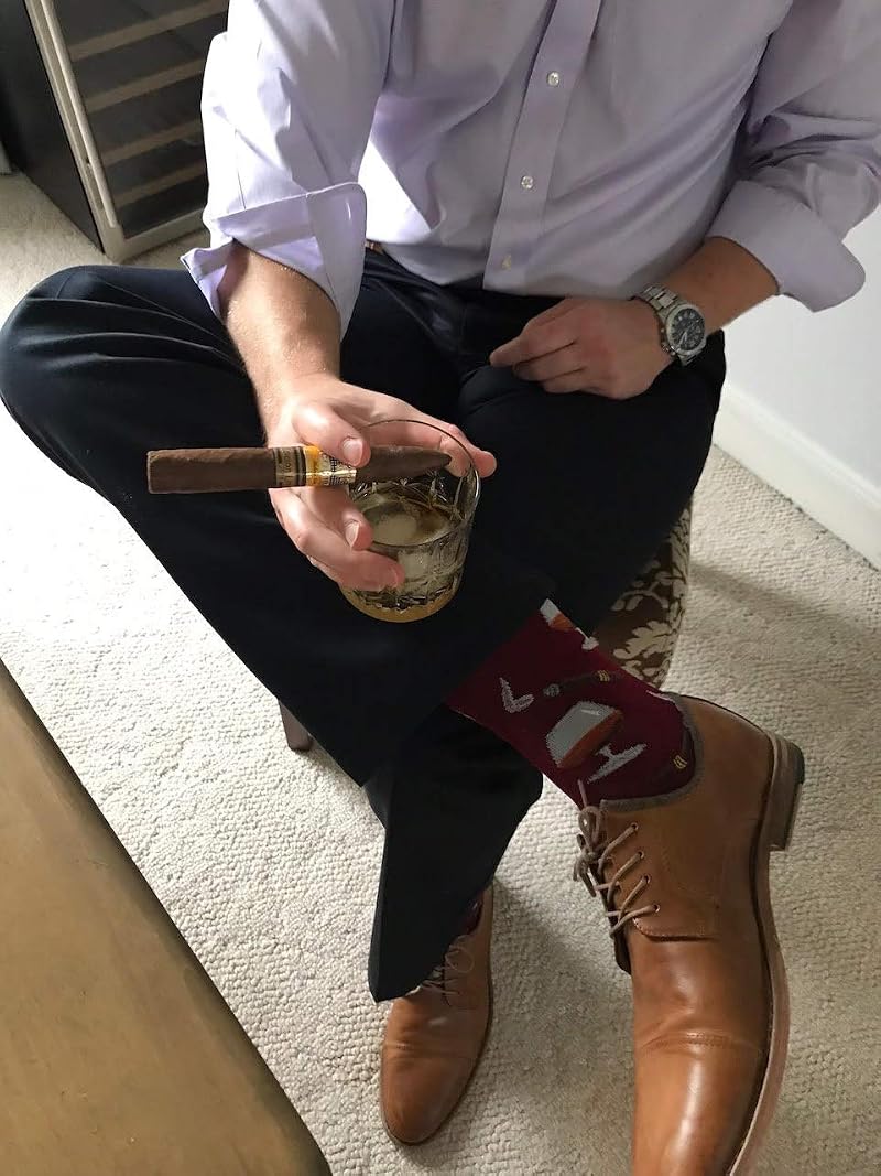 Men's Fun Cocktail Drinks Crew Socks - 1 Pair, Cognac & Cigars Variation