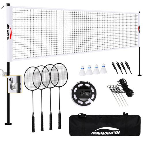 Professional Badminton Set - Includes 4 Rackets, 4 Shuttlecocks & Standard Court Boundary,Portable Outdoor Badminton Net with Winch System and Adjustable Width,Perfect for Backyards, Beach