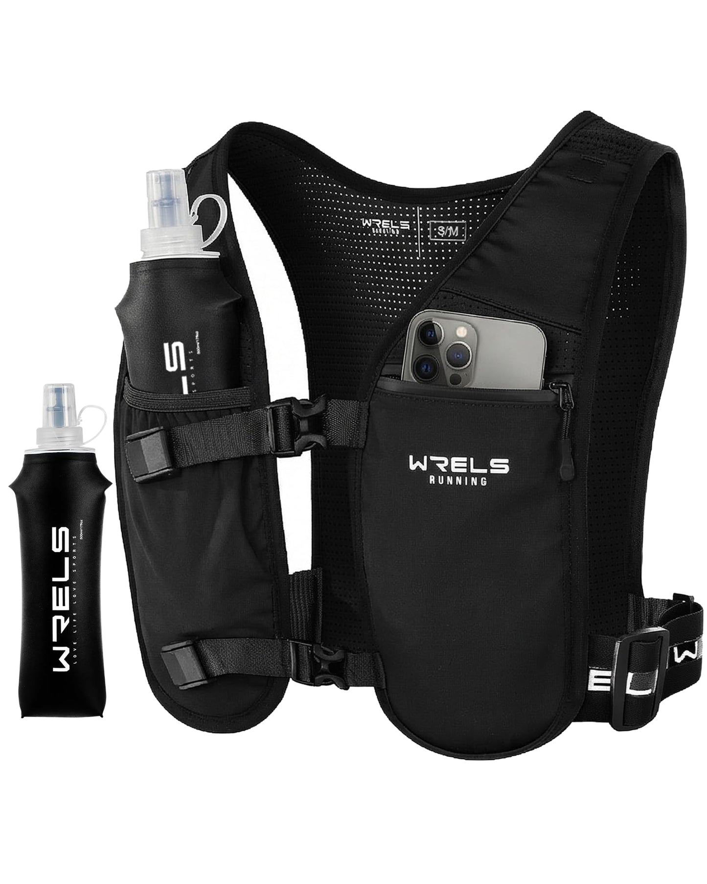 WRELS Running Vest for Women Men,Lightweight Reflective Hydration Vest with TPU 500ml Soft Flask,Adjustable Chest Straps Phone Pocket for Running Marathon