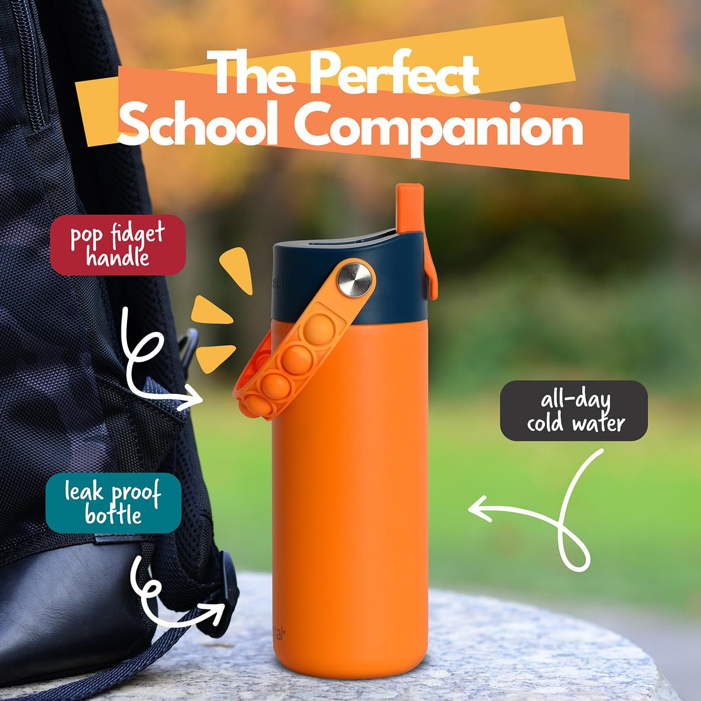 Elemental Insulated Kids Water Bottle, Stainless Steel Water Bottle with Straw Lid & Pop-It Handle, Leak-Proof Water Bottles for School, Boys or Girls, Travelling and Sports, 18oz - Orange Tie Dye