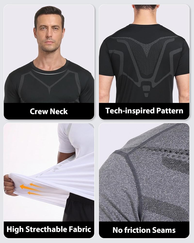 Teepire Quick-Dry Workout Shirts for Men 3Pack - Black, White, Grey, Large