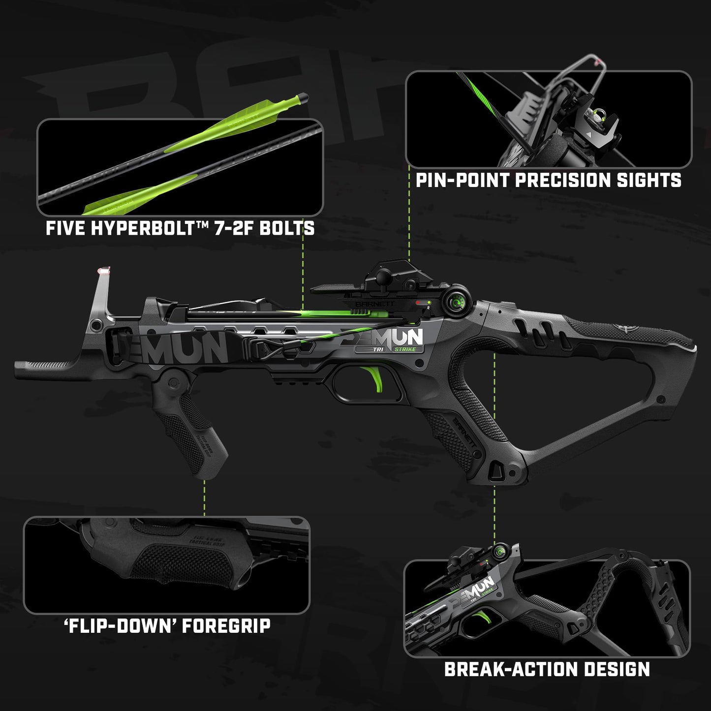 Barnett Demun Tri-Strike Mini Crossbow - Compact Break Action Pistol Crossbow, 3-Shot Magazine, Flip Down Foregrip, Precision Sights - 180fps, 7in Bolts, 5 Bolts Included