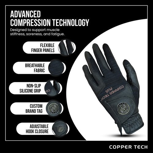 Copper Tech Plus Men's Left for Right Handed Golfers Golf Glove – Advanced Compression for Muscle Support, Joint Relief Gloves – Black/Black, 1 Pack, XX-Large