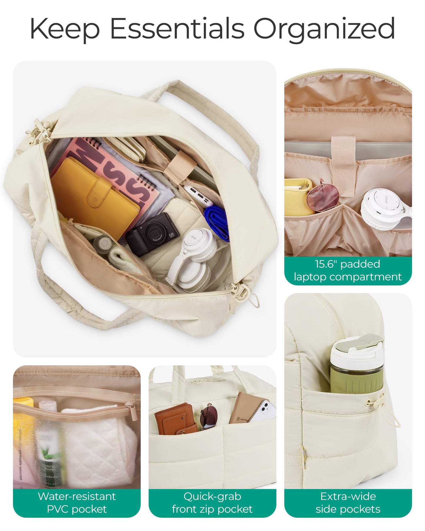 BAGSMART Gym Bag for Women, Lightweight Puffer Duffle Bag 2-PC Travel Bag, 31L Weekender Overnight Bag Quilted Carry On Tote Bag, Diaper Hospital Dance Bag for Travel, Gym, Water Resistant, Beige
