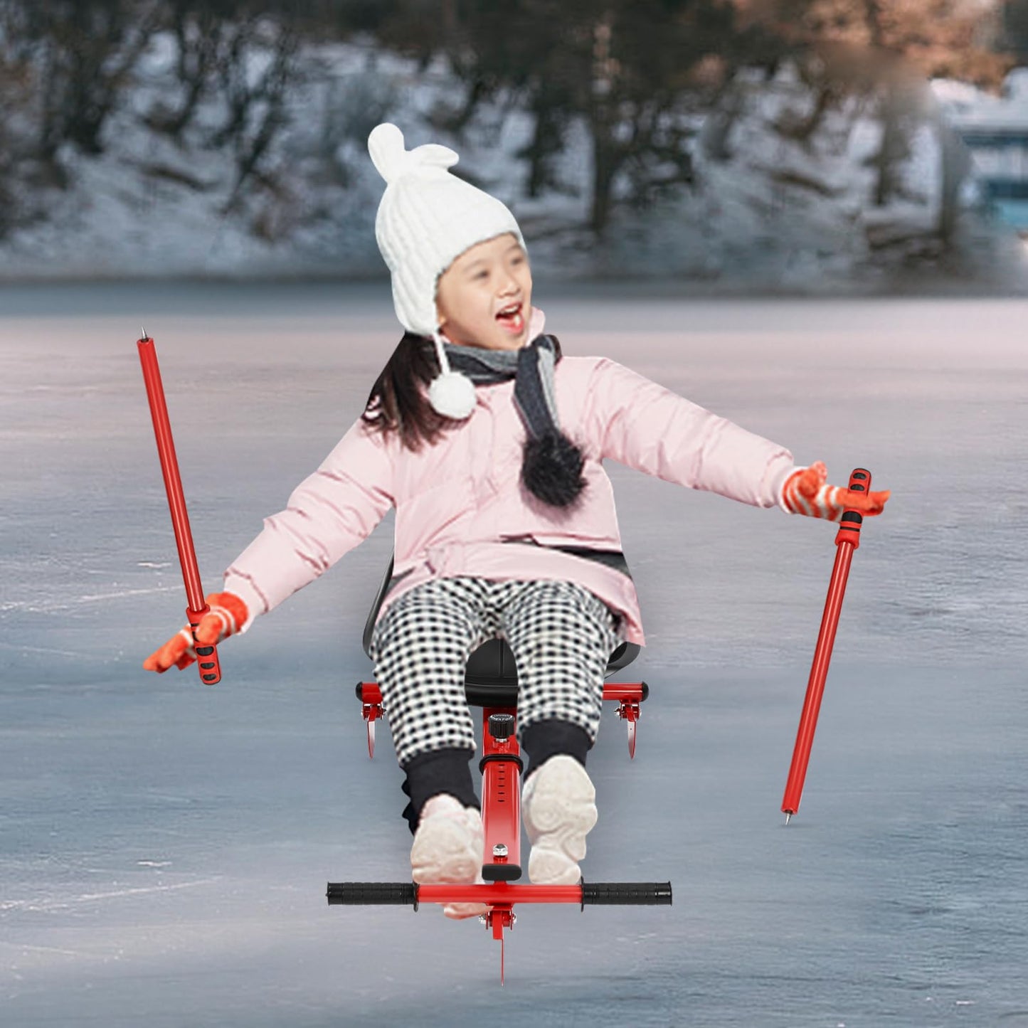 Ice Skating Equipment,Snow Racer Sled, Ski Sled Slider Board with 360°Pedals, Adjustable Ice Skating Trainer for Kids & Beginners, Height Adjustment Winter Outdoor Activity Snow Sled - 176 lbs