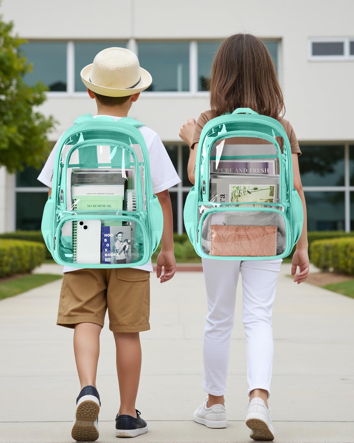 KIMNERPU Clear Backpack, Fabric & PVC Transparent Backpack with Reinforced Strap for Women Men, Heavy Duty Transparent Bookbag, Large Capacity Clear bag, Travel, Security, Green