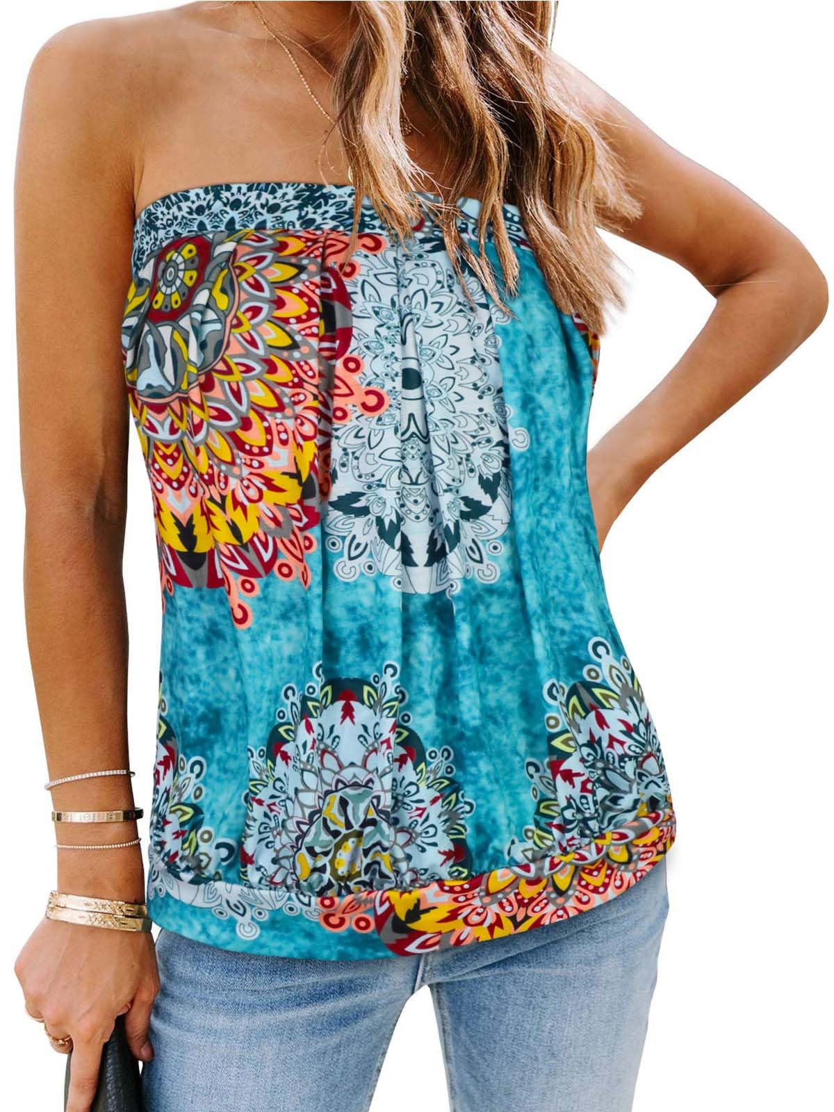 Women's Bandeau Tank Tube Tops Summer Off The Shoulder Casual Floral Strapless Blouse Shirts (BLFO,XL)