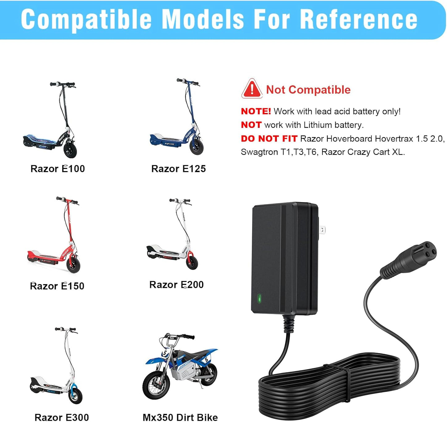 24V Electric Scooter Charger for Razor E300 E200 E150 E125 E100 MX350 Dirt Bike Pocket Mod Sports Mod Dirt Quad Motorcycle Razor Scooter Charger 3-Prong Inline Female Electric Battery Power Cord