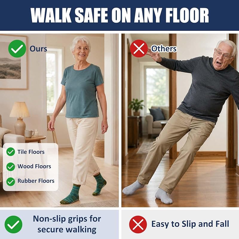 Non Slip Grip Socks for Men & Women - 5 Pairs Gray Blue Green Orange Purple - Anti-Slip Elderly Hospital Socks