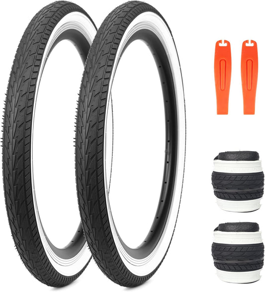 20/24 x 1.75 Inch Bike One/Two Pack Bicycle White Wall Side Black Tires Folding Bead Tires with/Without Inner Tubes Compatible with 20"/ 24" City Bike, Lady Bicycle, Cruiser Bikes, Tricycles