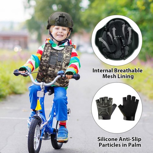 4PCS Kids Tactical Vest Set with Helmet, Gloves, Mask for Paintball & Airsoft - Adjustable Straps, Reinforced Nylon Tactical Gear, Camouflage Green