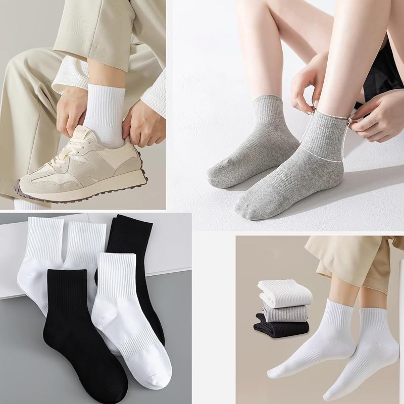 30 Pairs Crew Socks - Unisex Cotton Athletic Socks 4-8 (Black White Gray) - 12/30 Pairs
