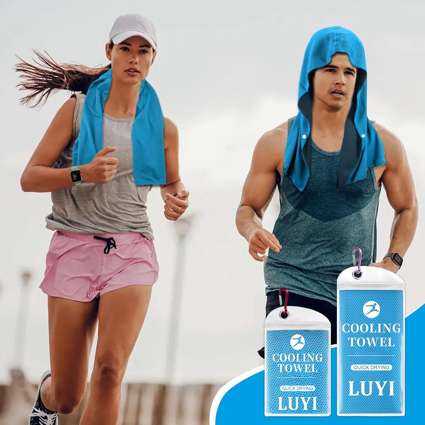2 Pack Cooling Hoodie Towels Set, Cooling Towels for Neck and Face, Microfiber Soft Breathable Cooling Towel Bulk for Hot Weather, Gym, Sports, Yoga, Workout, Running, Golf, Camping, Hiking（Blue）