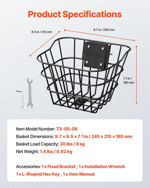 VEVOR Front Bike Basket, Electric Scooter Basket with Fixed Bracket - Max Bearing 20 lbs, Construct from Solid Steel, Knee Electric Scooter Accessories