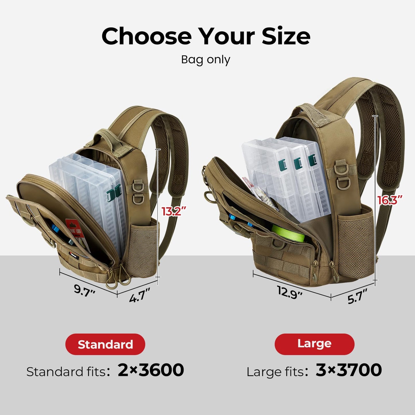 Piscifun Fishing Backpack with Rod Holder, Lightweight Sling Bag Storge Gear and Equipment, Khaki, Latch, Standard