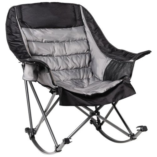 Foristrail Oversized Rocking Camping Chair for Adults - 400lbs Capacity Padded Camp Chair with Cup Holder, Portable Foldable Outdoor Rocker Chair for Camping, Backyard, Patio (Black & Gray)