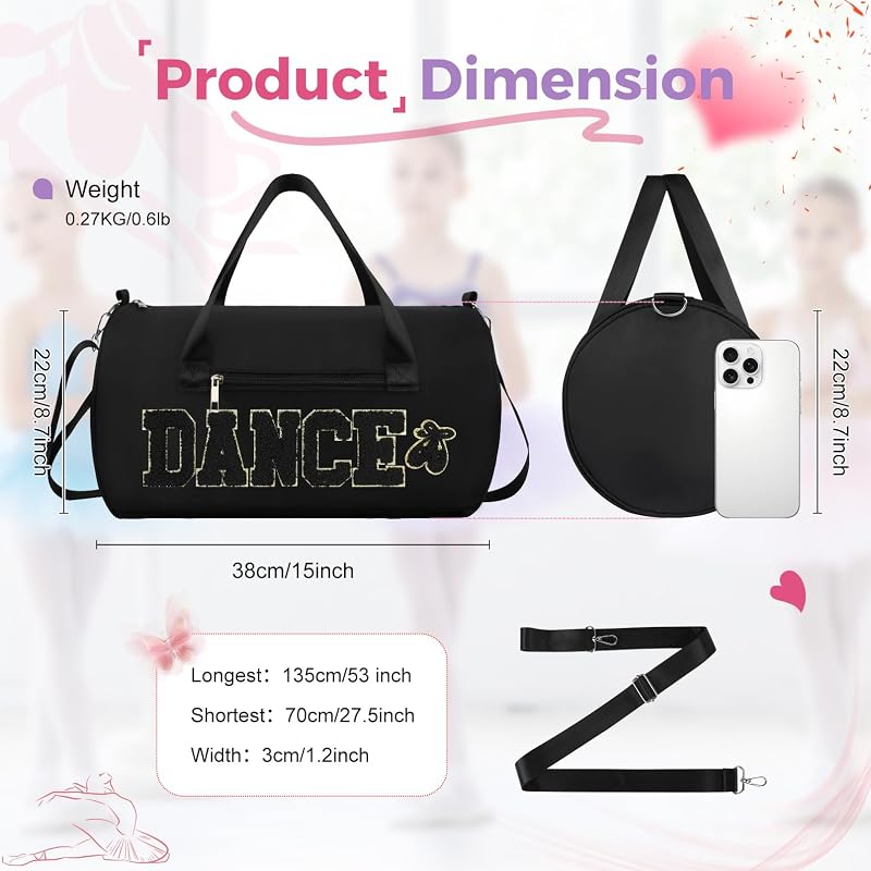 KUIRAN 23L Dance Duffle Bag for Girls with Colorful Chenille Lettering - Black/Gold, Medium